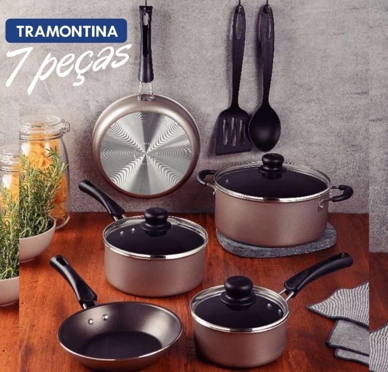 Jogo de Panelas Tramontina Cooking com Revestimento Interno e Externo Antiaderente Starflon Max 7 peças – Champagne