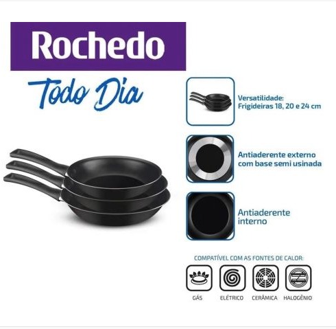 Conjunto de Frigideiras Rochedo Todo Dia 18cm, 20cm e 24cm