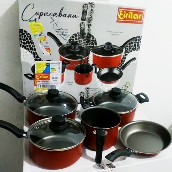 Conjunto 5 peças Antiaderente Tampa de Vidro Copacabana Eirilar Vermelho