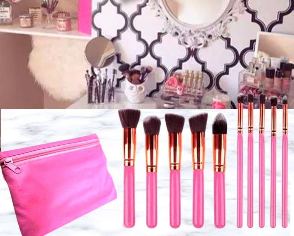 Kit 10 Pincéis Maquiagem Profissional Blush Pó ROSA