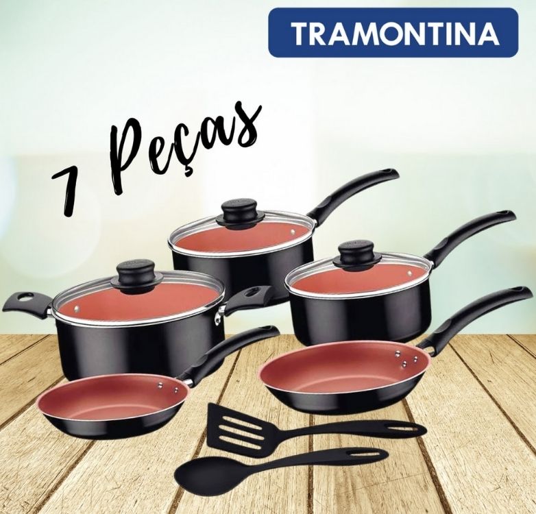 Jogo de Panelas Tramontina Turim Preta e Cobre Antiaderente Starflon Max 7 Peças