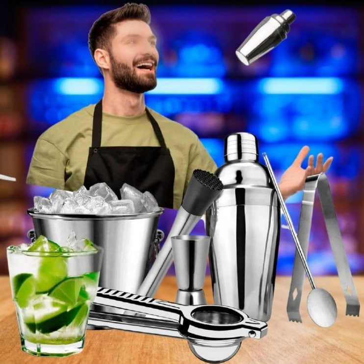 Combo Coqueteleira 500ml 7 Itens De Inox (vip Balde De Gelo)