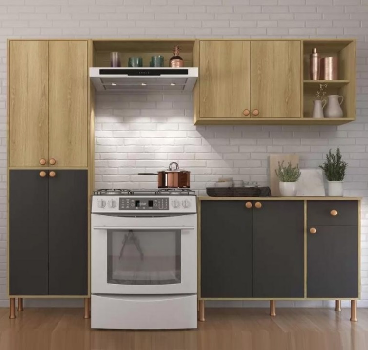 Cozinha Compacta Indekes Florença com Balcão 9 Portas 1 Gaveta Castanho e Grafite