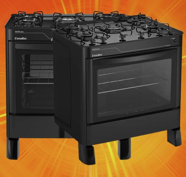 Fogão 5 Bocas Esmaltec Preto – Acendimento Automático Agata Glass