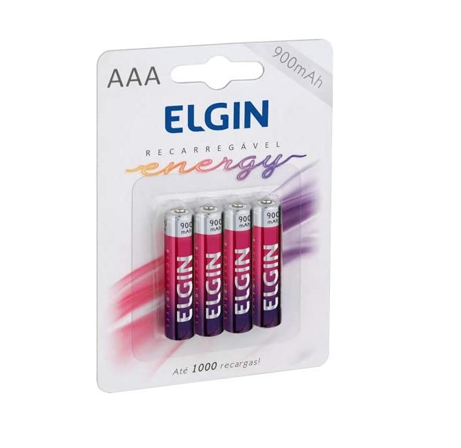 Pilha Recarregável Ni-MH AAA-900mAh blister com 4 pilhas, Elgin, Baterias, 82169