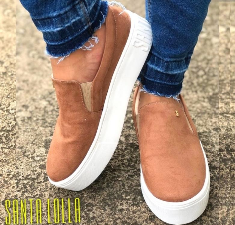 Tênis slip on suede sola alta bege