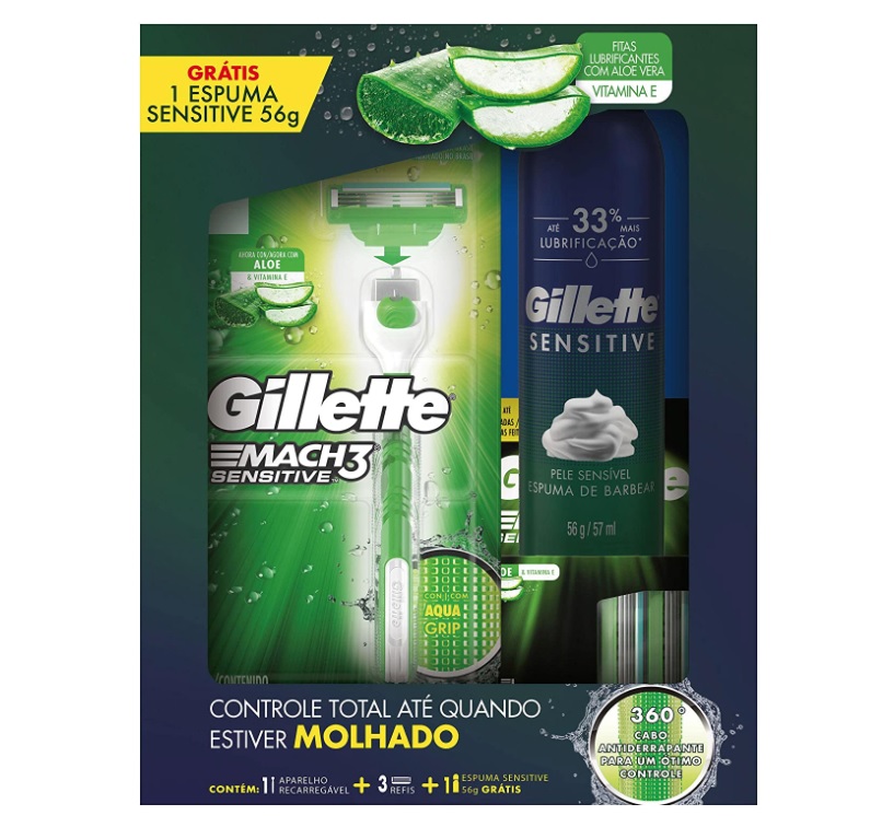 Aparelho de Barbear Mach3 Sensitive 1 Unidade + Refis Para Barbear Mach3 Sensitive 3 Unidades + Espuma de Barbear Sensitive 56G, Gillette