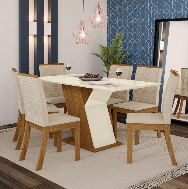Conjunto Sala de Jantar Mesa 160cm Tampo MDF 6 Cadeiras Kesha Casa 812