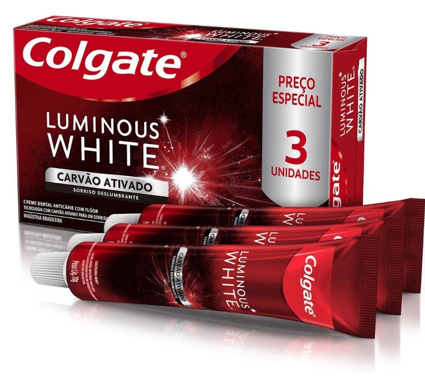 Creme Dental Colgate Luminous White Carvão Ativado 3 unid 70g Promo Preço Especial