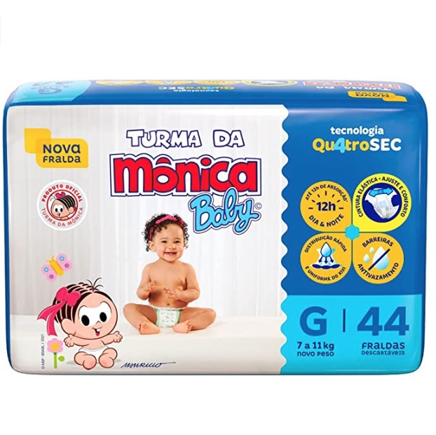 Fralda Turma da Monica Baby Mega G 44 Unidades, Turma da Mônica Baby, Azul, G