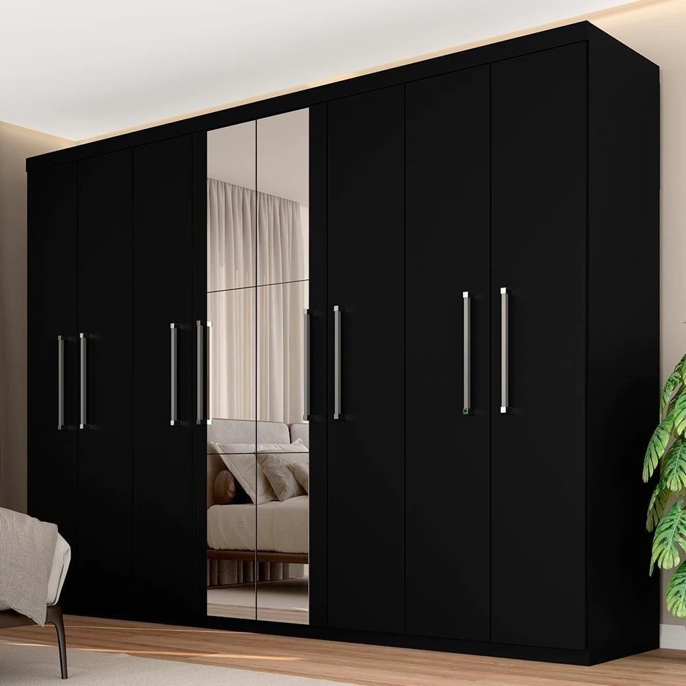 Guarda Roupa Casal Emanuelly 8 Pts Espelho Central Preto Fosco – Moveis Arapongas
