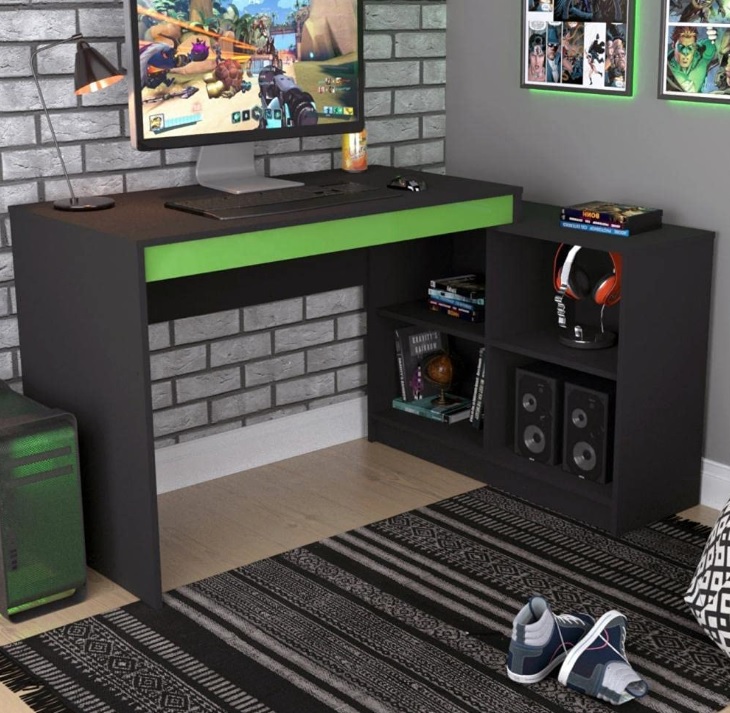 Mesa Escrivaninha Gamer com 4 Nichos B24 – Preto/Verde