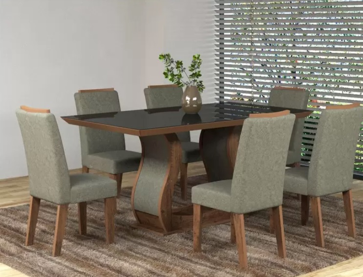 Mesa de Jantar 6 Cadeiras 6 Lugares Retangular – Tampo de Vidro Viero Móveis Valência