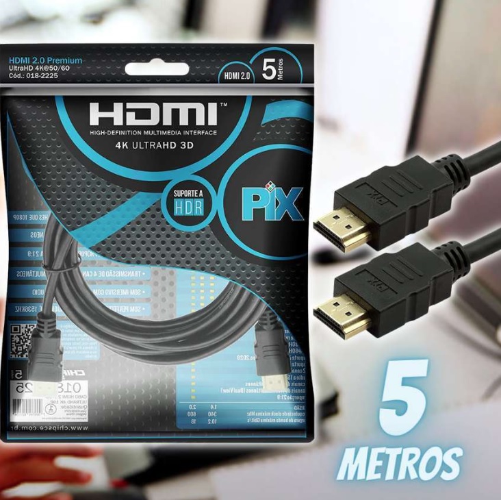 Cabo Hdmi 2.0 4K Hdr 19P 5M Pix Gold, 5 metros, Preto