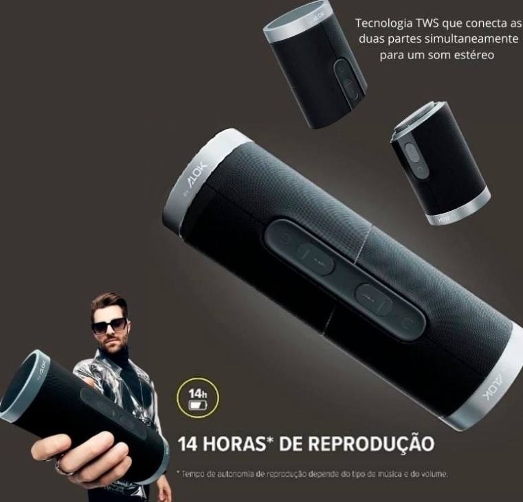 Caixa de Som Bluetooth WAAW by ALOK US 200SB DUO TWS, 14 Horas de Reprodução, Resistente à Água IPX6, 2 em 1