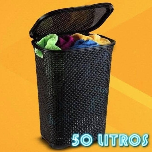 Cesto Rattan Grande com Tampa Basculada Preto 50L – Arqplast