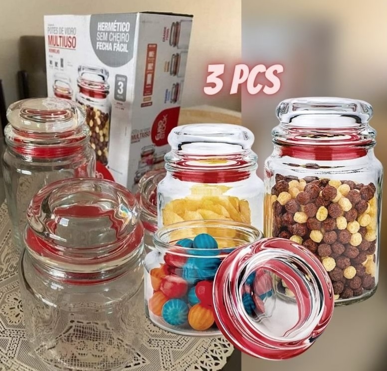 Conjunto com 3 Potes Multiuso de Vidro, com tampa Herméticas, Vermelho, VDR1129-VM, Euro Home