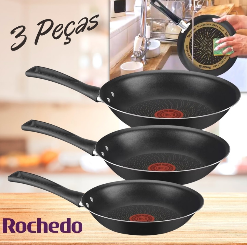 Conjunto de Frigideiras Antiaderente Rochedo – de Alumínio Limpa Fácil Preto 3 Peças