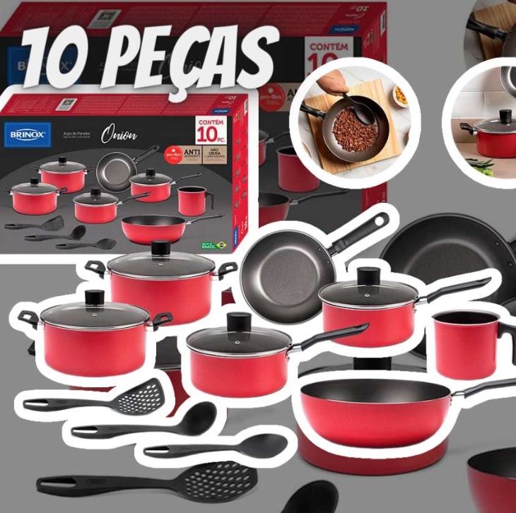 Conjunto de Panelas 10 Peças Brinox Onion em Alumínio e Revestimento Antiaderente com Wok e Utensílios – Vermelho