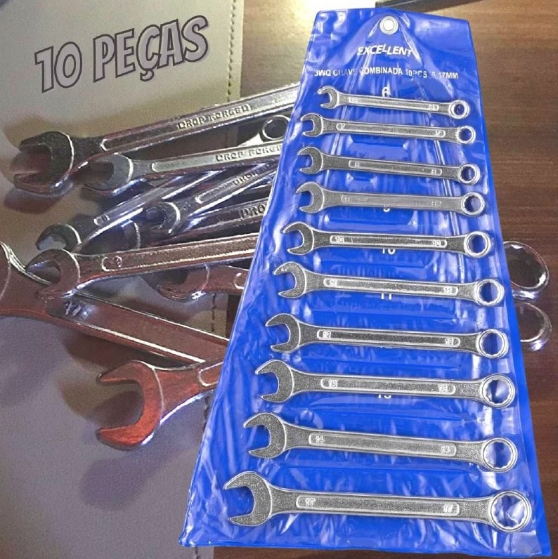 Eda 3WQ Chaves Combinadas na Bolsa Eda, Jogo 10 Peças, Prateado