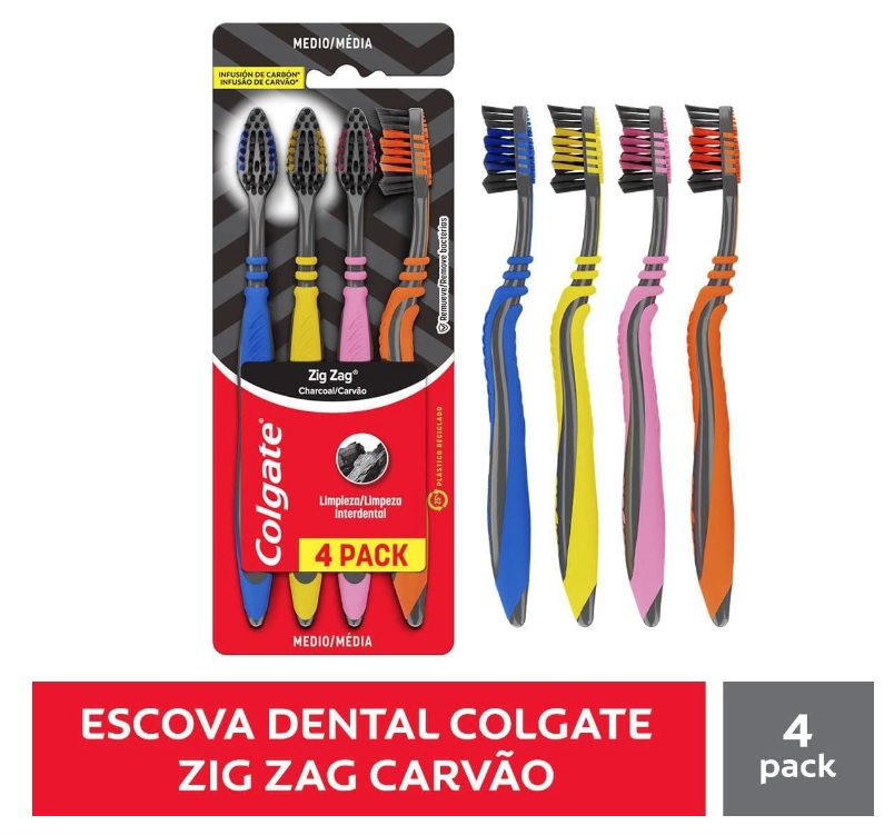 Escova Dental Colgate ZigZag Carvão 4 unid, CN07784A, Preto
