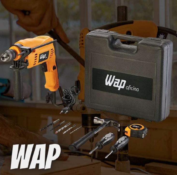 Furadeira Elétrica de Impacto WAP EFI 600K10 600W Mandril 3/8” 220V Maleta e Acessórios Trena Chaves Martelo Brocas, Amarelo com Preto