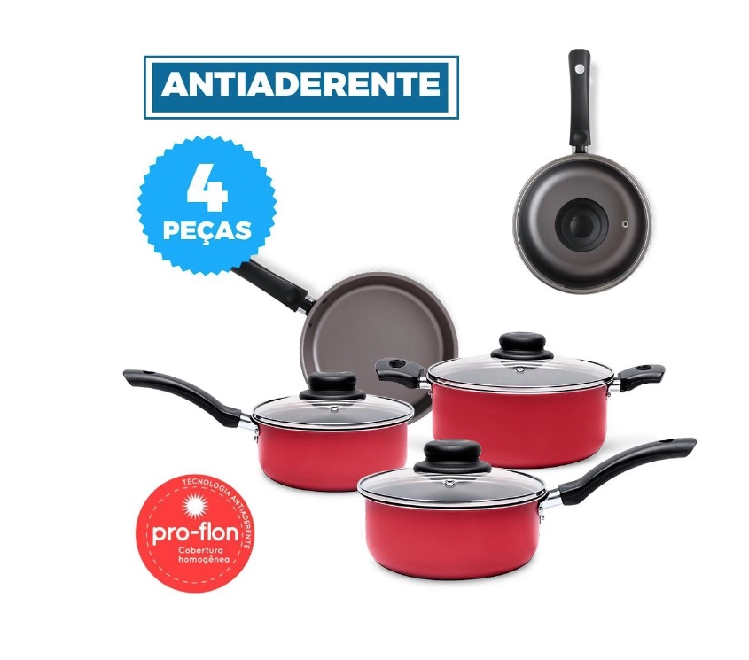 Jogo de Panelas Ruby, 4Pcs, Brinox, Vermelho