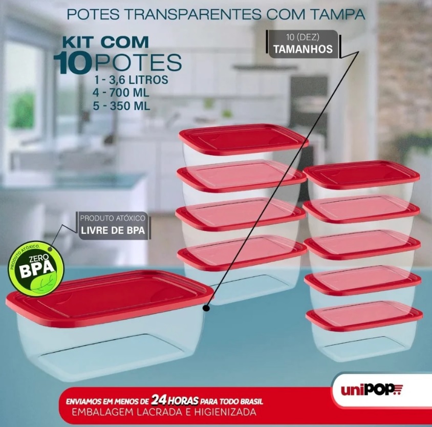 Kit 10 Potes Transparentes Com Tampa vermelho