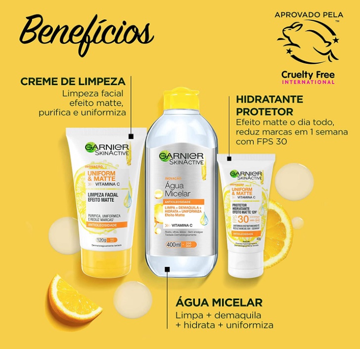 Kit Antimarcas Garnier Uniform&Matte Vitamina C – Limpeza Facial + Água Micelar + Protetor Hidratante