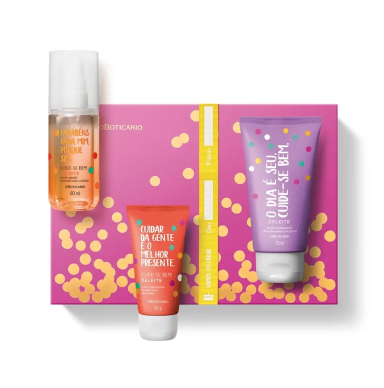 Kit Presente Cuide-se Bem Deleite Feliz Aniversário: Loção Corporal 75ml + Body Splash 60ml + Creme para Mãos 30g