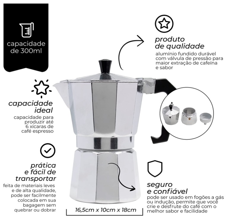 Mimo Style Italiana Expresso Cafeteira de Aluminio com Alça para 6 Cafézinhos, Prata, 300 ml