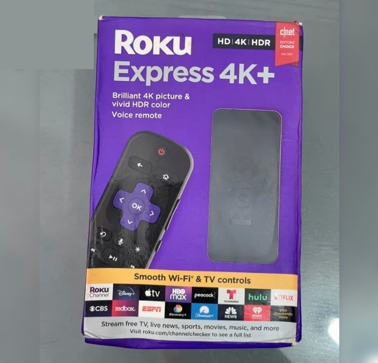 Roku Express 4K+ | Streaming Media Player HD/4K/HDR com transmissão sem fio suave e controle remoto de voz Roku com controles de TV, inclui cabo HDMI® premium