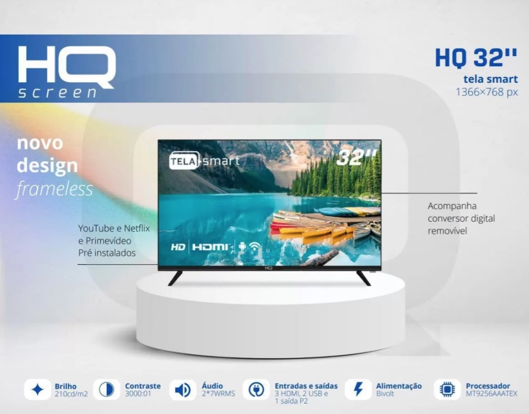 Smart TV LED 32″ HD HQ Conversor Digital Externo 3 HDMI 2 USB WI-FI Android 11 Design Slim