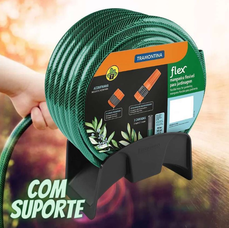 Tramontina Mangueira Flex Para Jardim, 15 M, Con Esgates Rosqueados, Esguicho E Suporte Mural
