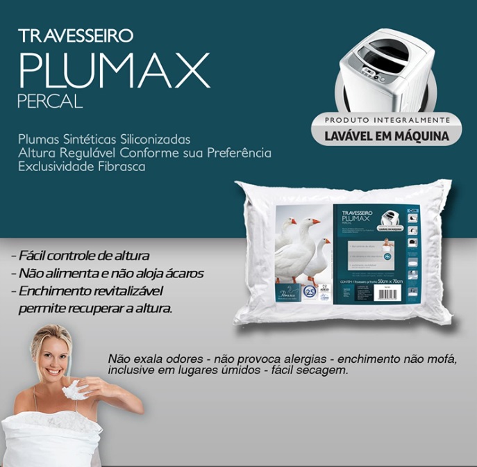 Travesseiro Toque de Pluma – Plumax Percal – Integralmente lavável em máquina – P/ fronhas 50×70 cm – Fibrasca