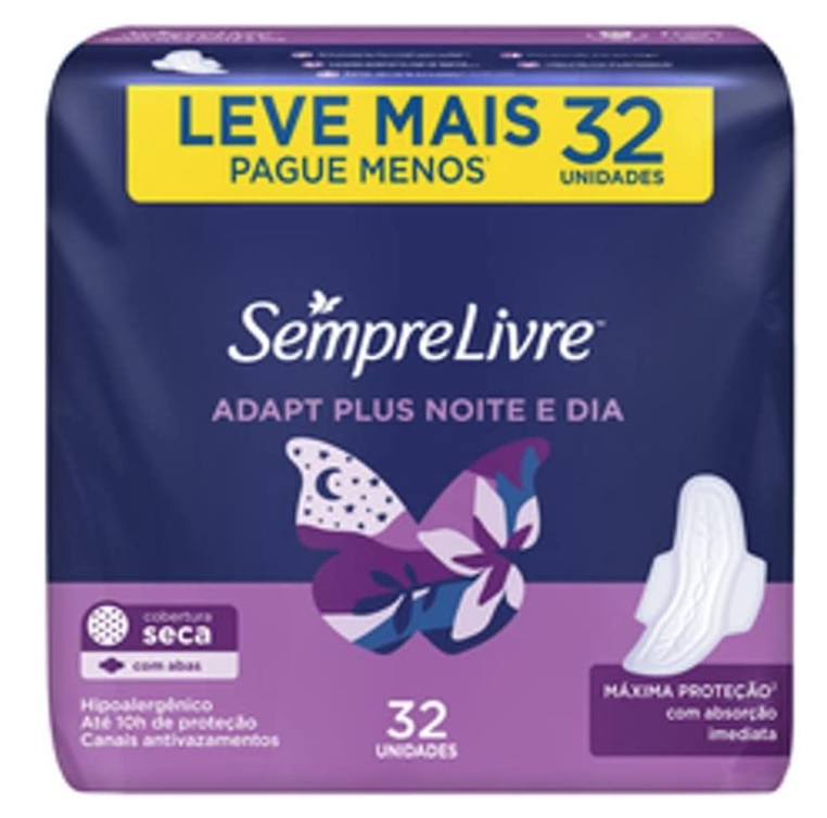 Absorvente Externo Adapt Plus Noite Dia Seca com Abas, Leve mais Pague Menos, Sempre Livre, 32 Unidades