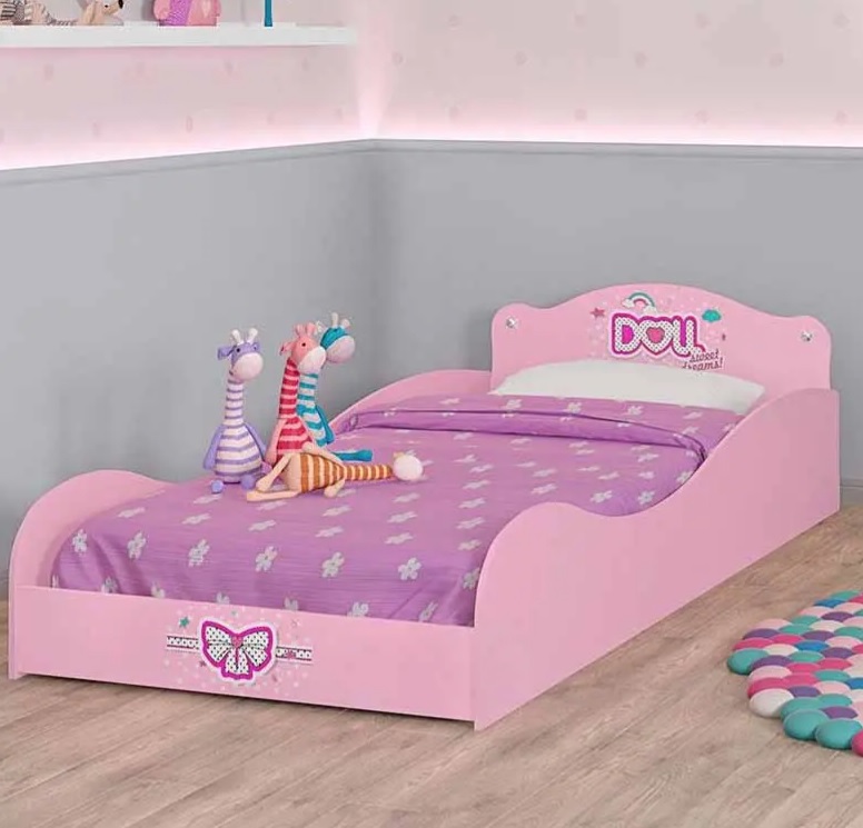 Cama Infantil Móveis Estrela Doll com Grade de Proteção – Rosa Acetinado