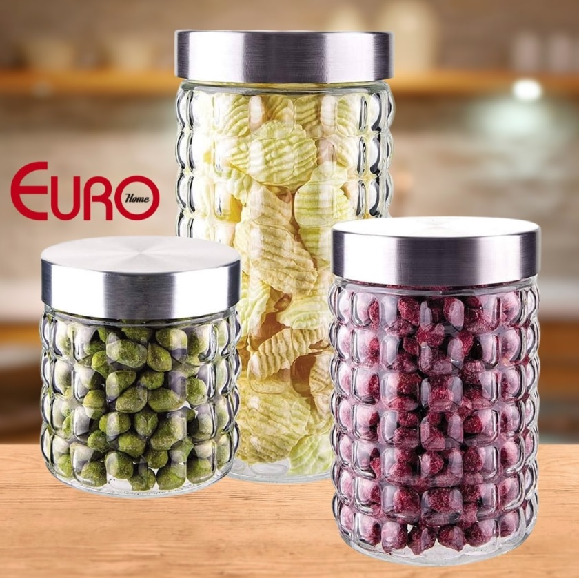 Conjunto com 3 Potes de Vidro transparente Bubble com Tampa Inox, VDR7047-3, Euro Home
