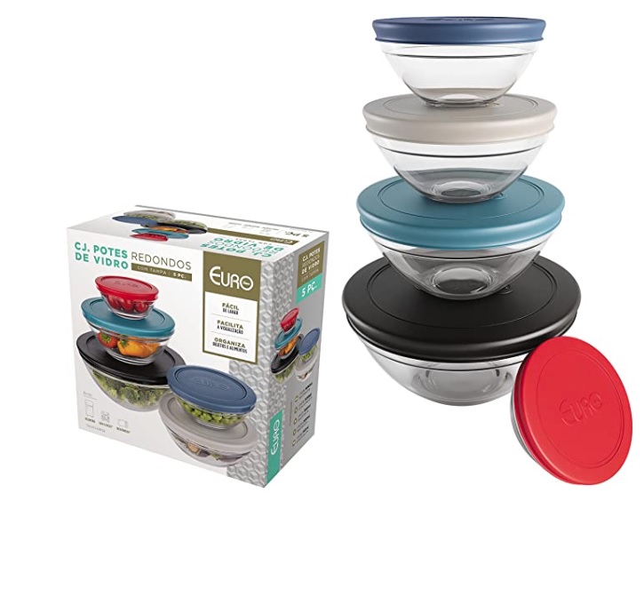 Conjunto com 5 potes de Vidro Redondos com Tampa Plástica Preta, VDR7090-PT, Euro Home