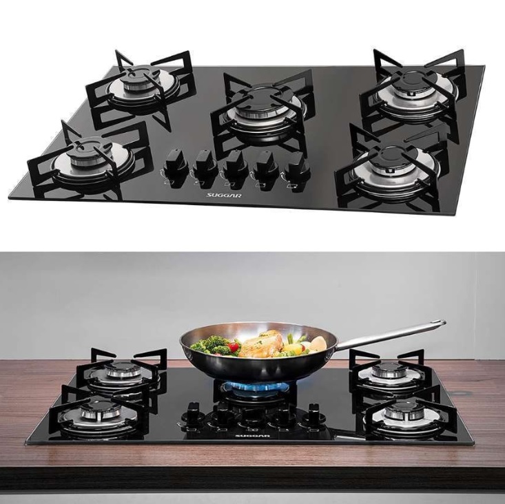 Cook Top à gás 5 bocas vidro preto Suggar