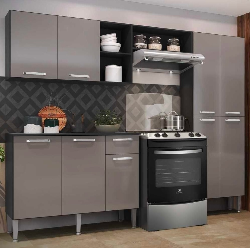 Cozinha Compacta c/ Armário e Balcão com Tampo Pequim Up Multimóveis Preta/Lacca