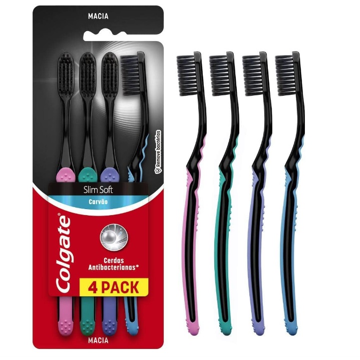 Escova Dental Colgate Slim Soft Black 4 unid, Colgate, Preto Com Rosa/Preto Com Azul/Preto Com Verde