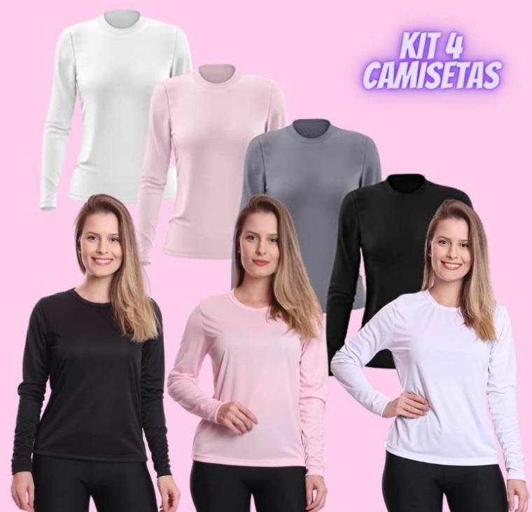 Kit 4 Camisetas Feminina Manga Longa Proteção Solar UV 50