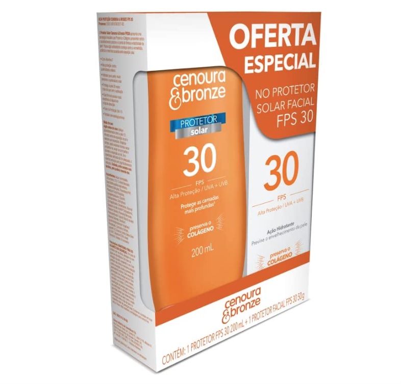 Kit Protetor Solar Cenoura e Bronze Corpo FPS 30 200ml + Facial FPS 30 50g, Cor: Branco