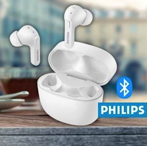 PHILIPS Fone de ouvido sem fio TWS bluetooth com microfone, formato em haste, IPX4 e energia para 18 horas totais na cor branca TAT2206WT/00, padrão