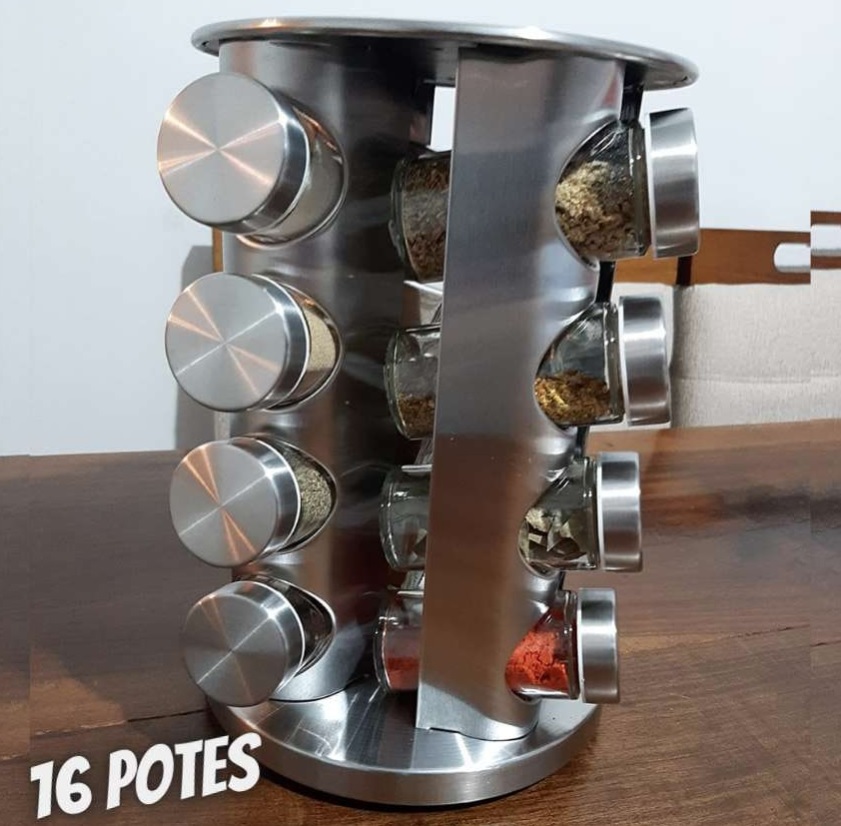 Porta Condimentos Tempero Base Giratória 16 Potes de Vidro com Tampa Inox