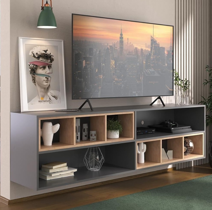 Rack para TV 75″ Suspenso com Nichos Jazz Multimóveis MP1021 Grafite/Rustic