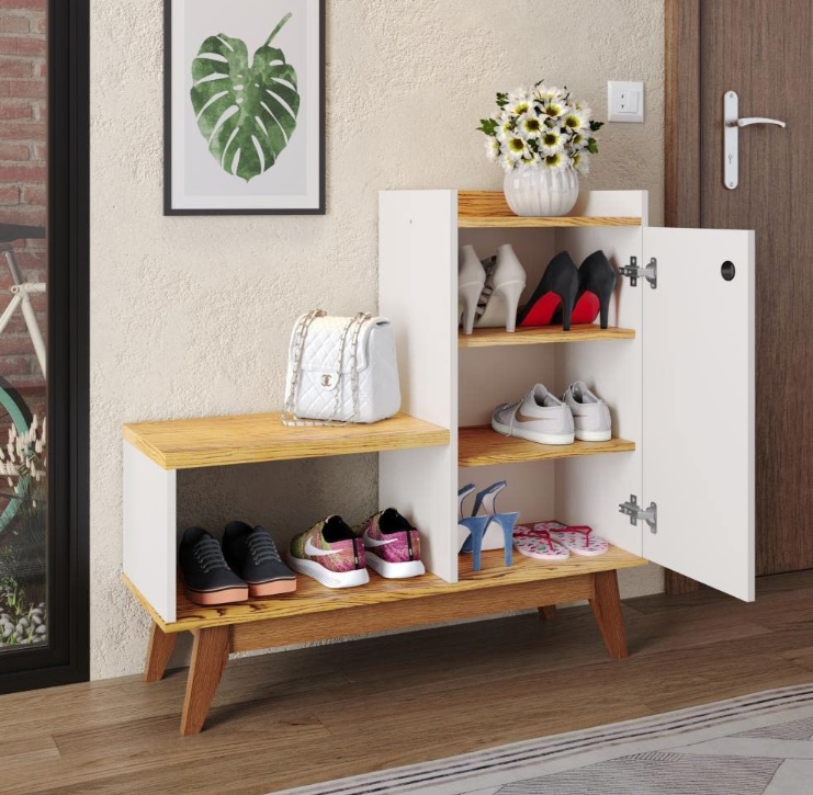 Sapateira Retrô Com Assento e Porta Shoes – RPM Móveis (Off White/Nature)