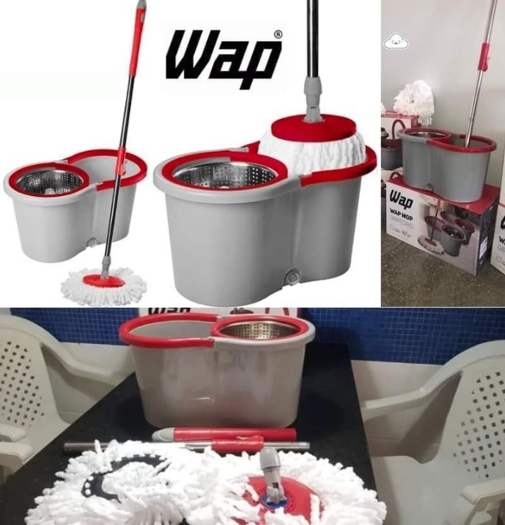 WAP MOP GIRATÓRIO Esfregão Multiuso para Limpeza Balde Centrífuga 14 Litros 360° Cabo Ajustável Alça Rodas e Refil, Vermelho com Cinza