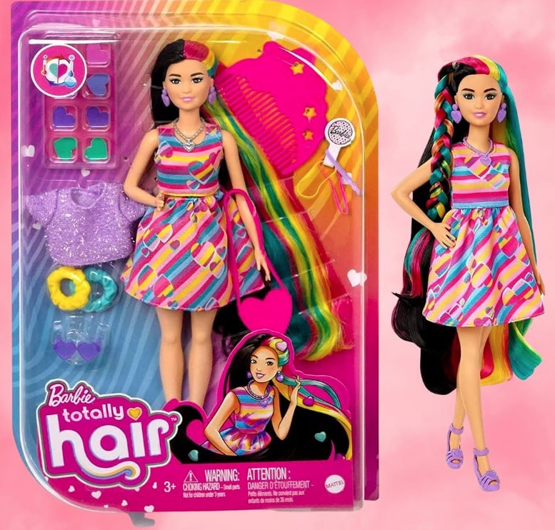Barbie Boneca Totally Hair Vestido Listrado Colorido, HCM90, Multicor